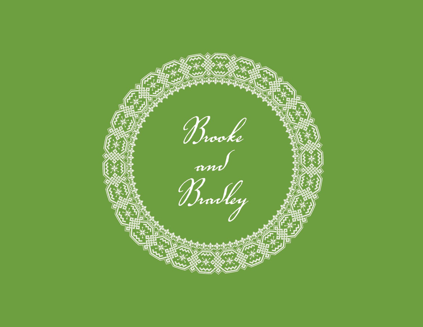 The Faces of Time Olive Thank You Cards by Noteworthy feature a decorative white clock design and handwritten “Brooke and Bradley” text centered on an olive background.