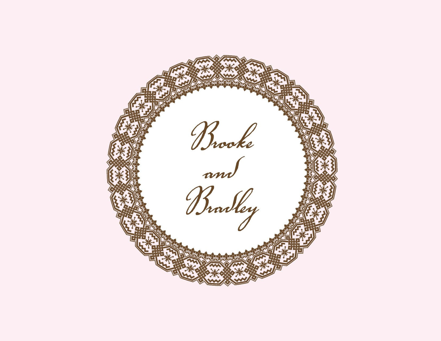 The Noteworthy Faces of Time Pink Thank You Cards feature a brown, lace-patterned circular frame with a subtle clock motif and cursive “Brooke and Bradley” on a pale pink background.