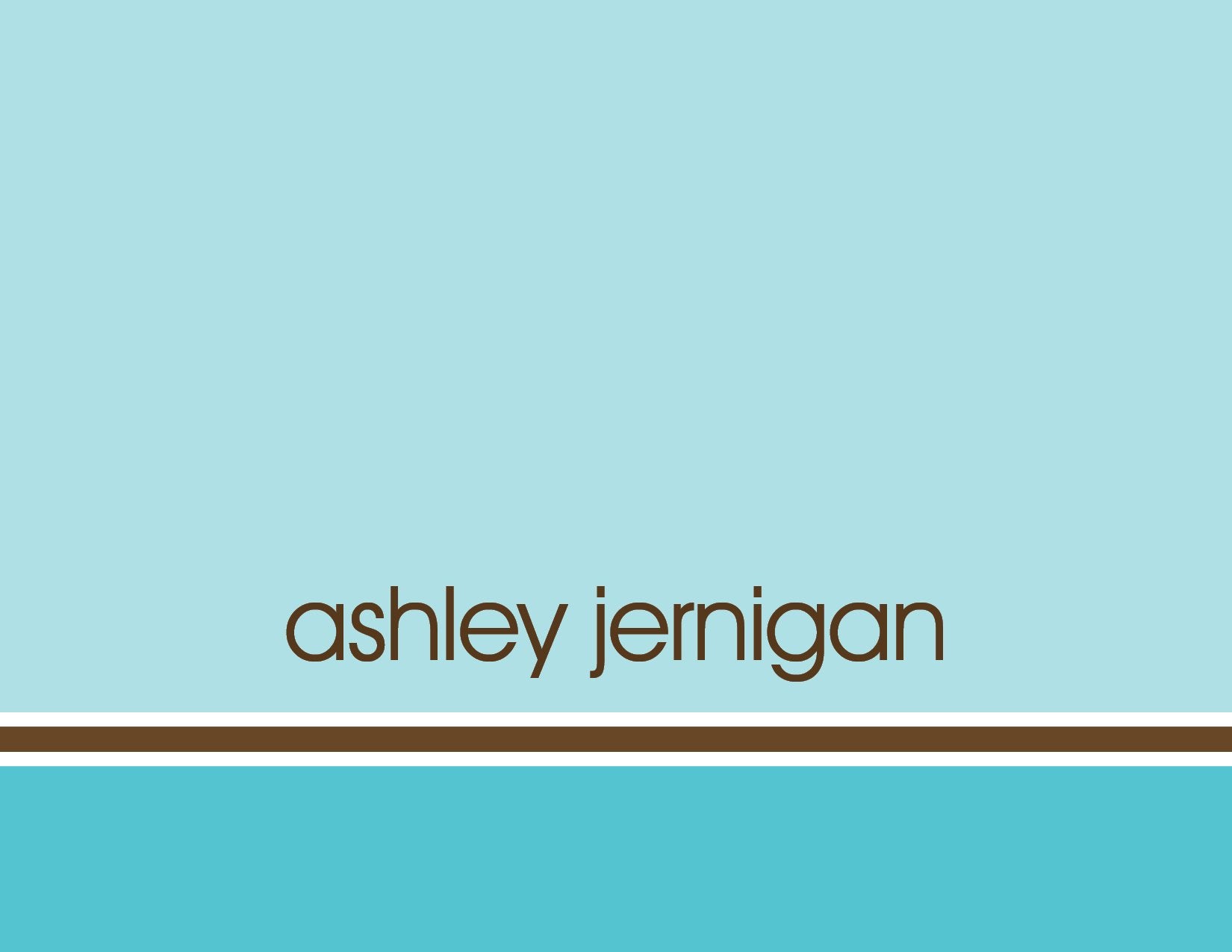 Noteworthy's Spa Day Bali Thank You Cards feature a light bali blue background with "ashley jernigan" in lowercase brown letters, centered above slim white and brown stripes near the bottom for a chic, modern look.