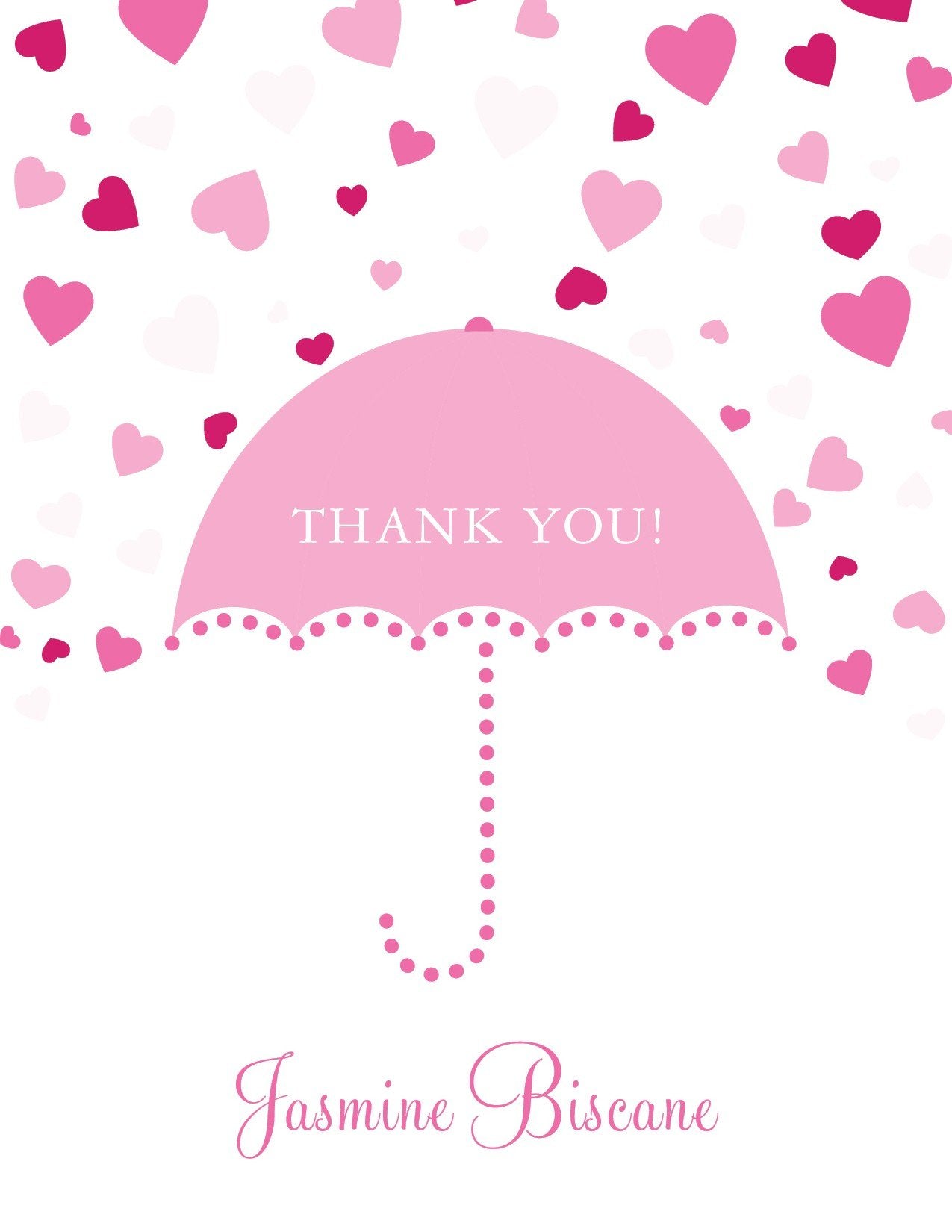 The Noteworthy Forecasting Love Pink Thank You Cards feature a pink umbrella with a "Thank You!" note, surrounded by falling pink and white hearts, and "Jasmine Biscane" written in cursive below.