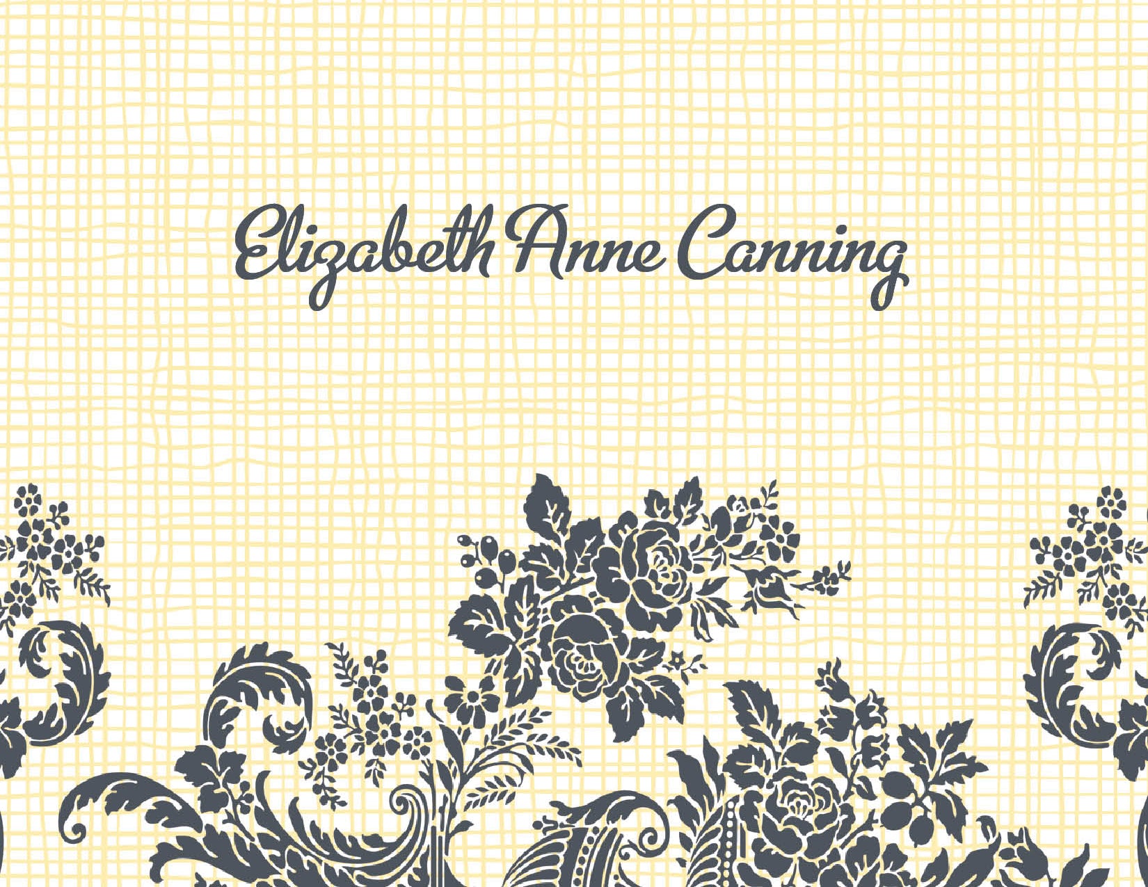 Rose Linen Yellow Thank You Cards by Noteworthy feature 'Elizabeth Anne Canning' in cursive above dark florals on a beige grid, resembling an elegant white notecard.