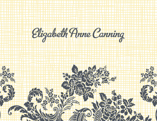 Rose Linen Yellow Thank You Cards by Noteworthy feature 'Elizabeth Anne Canning' in cursive above dark florals on a beige grid, resembling an elegant white notecard.