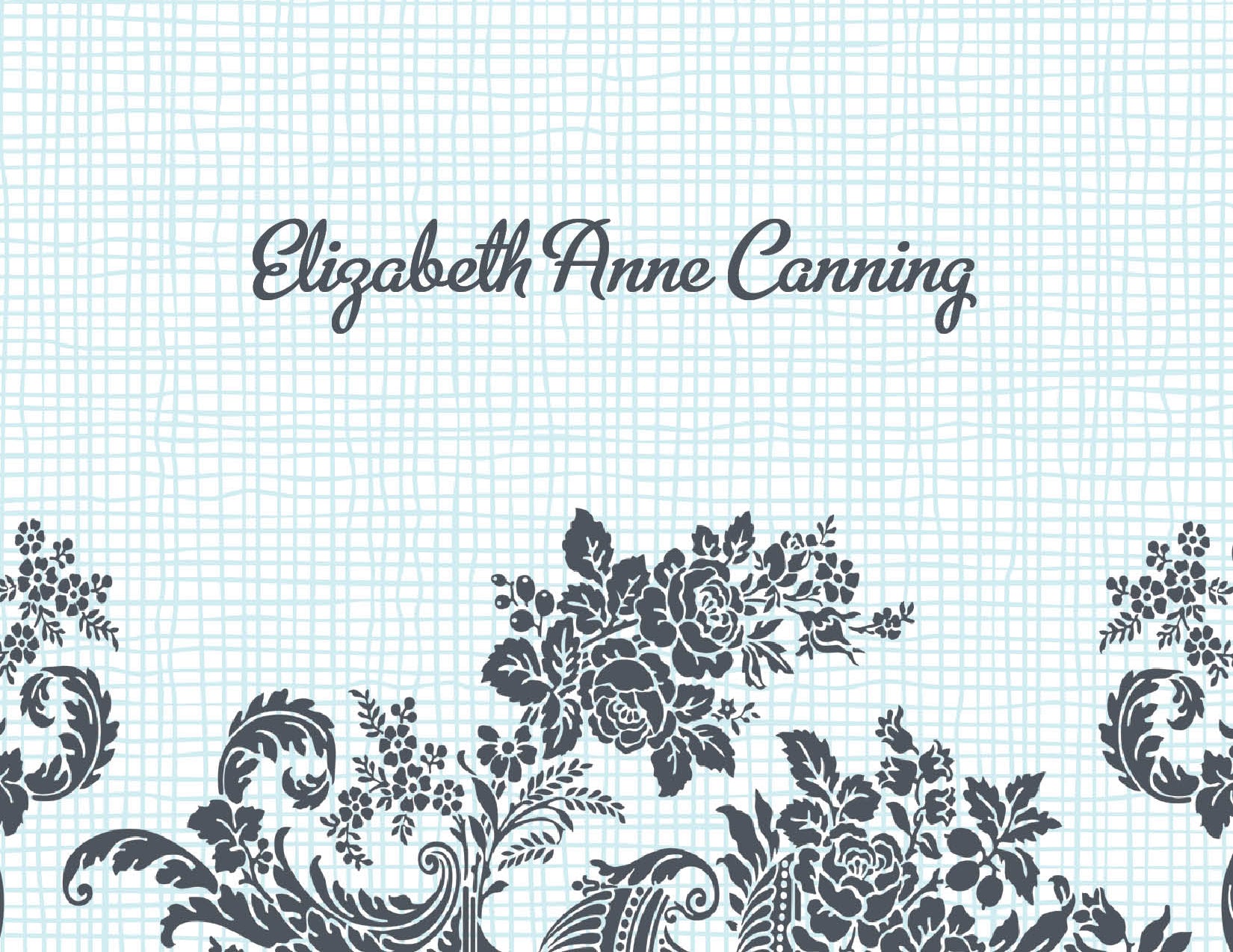 The Rose Linen Blue Thank You Cards by Noteworthy feature a blue grid and damask background, elegant script with the name "Elizabeth Anne Canning," and a floral black-and-white design at the bottom.