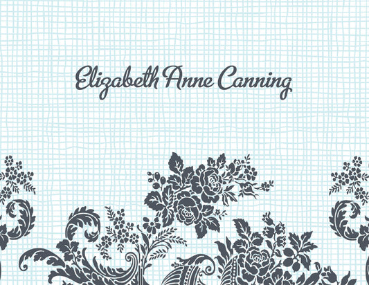 The Rose Linen Blue Thank You Cards by Noteworthy feature a blue grid and damask background, elegant script with the name "Elizabeth Anne Canning," and a floral black-and-white design at the bottom.