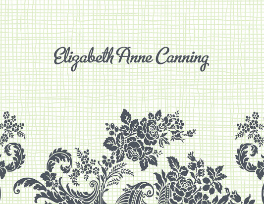The Noteworthy Rose Linen Green Thank You Cards feature a scripted name above a floral design on a white notecard, set against a subtle grid-like background.