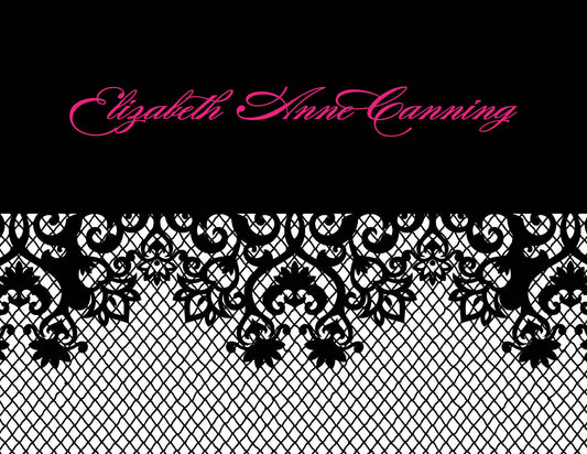 The Bachelorette Fishnet Black Thank You Cards by Noteworthy feature "Elizabeth Anne Canning" in pink script on a black fishnet lace over white mesh—an elegant match for unlined envelopes or classic white notecards.
