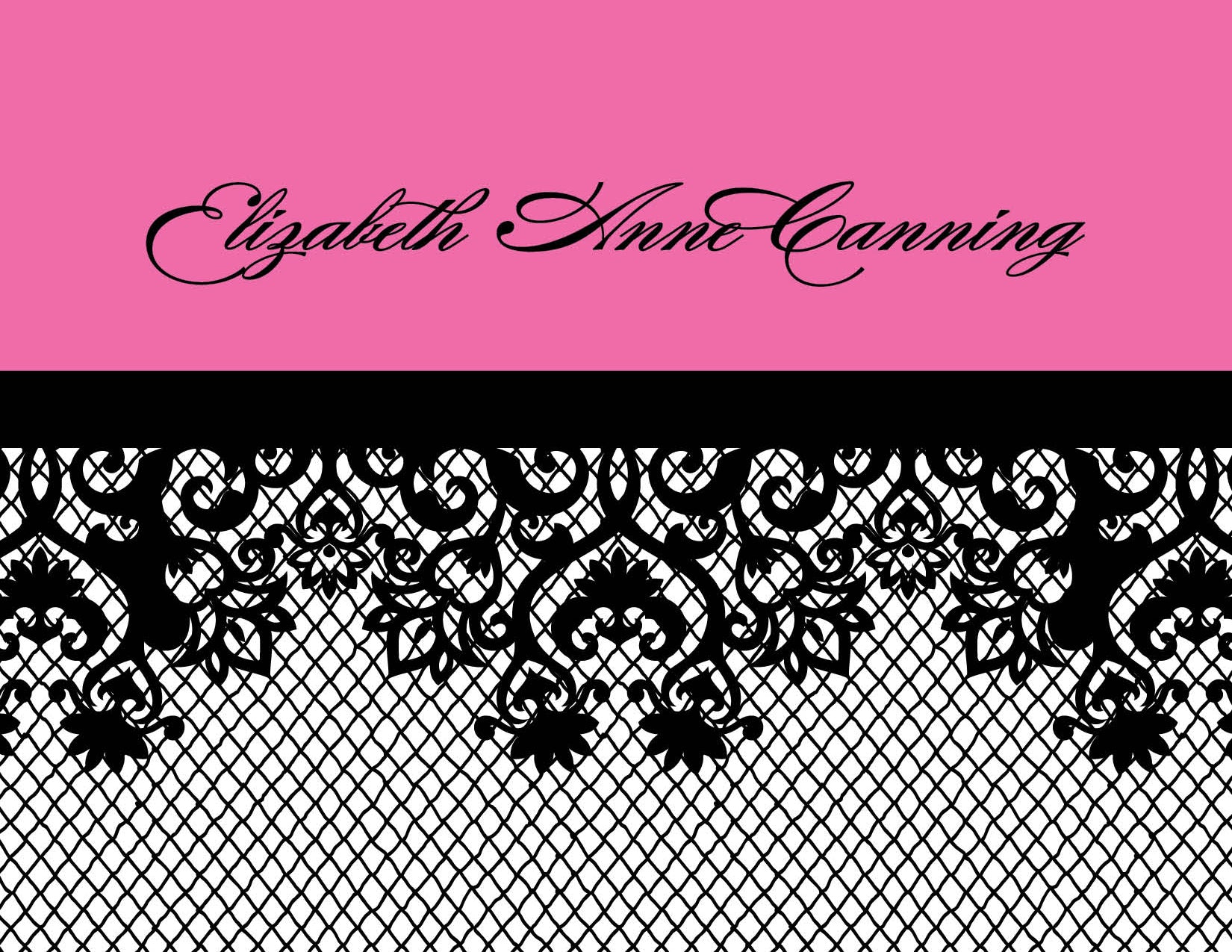 Noteworthy’s Bachelorette Fishnet Pink Thank You Cards feature "Elizabeth Anne Canning" in script over a black fishnet lace design on a white mesh background with chic pink and black accents.