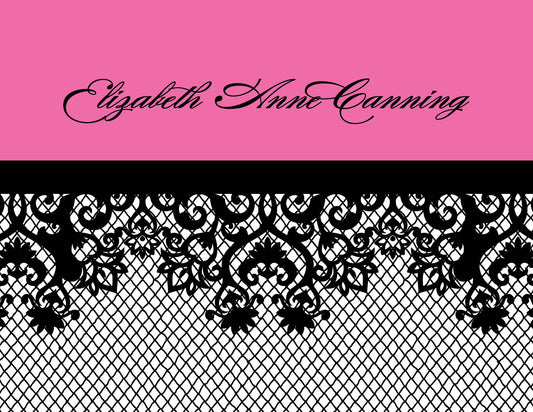 Noteworthy’s Bachelorette Fishnet Pink Thank You Cards feature "Elizabeth Anne Canning" in script over a black fishnet lace design on a white mesh background with chic pink and black accents.