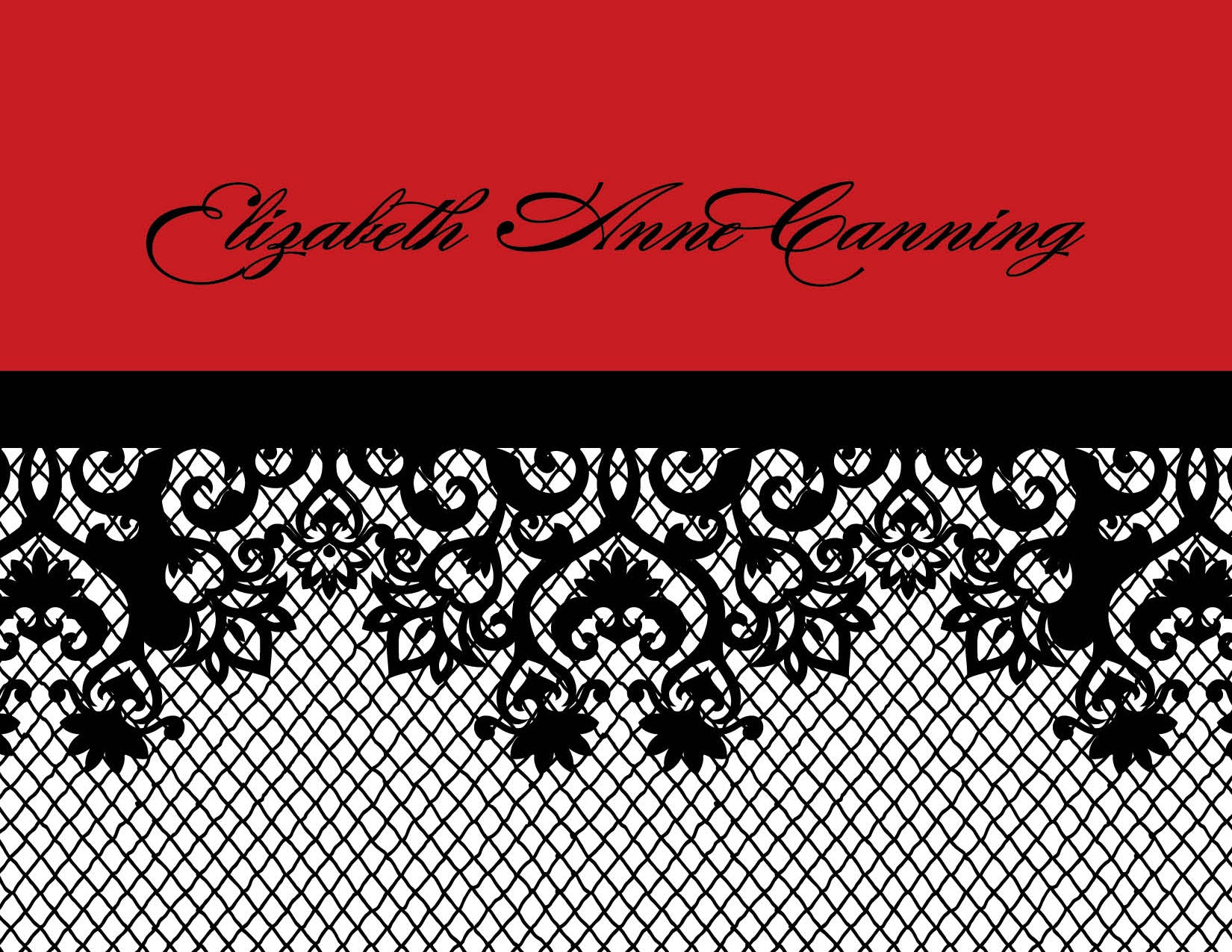 Noteworthy’s Bachelorette Fishnet Red Thank You Cards feature a red and black background with "Elizabeth Anne Canning" in cursive above a black fishnet lace design on a white net pattern, resembling an elegant white notecard.