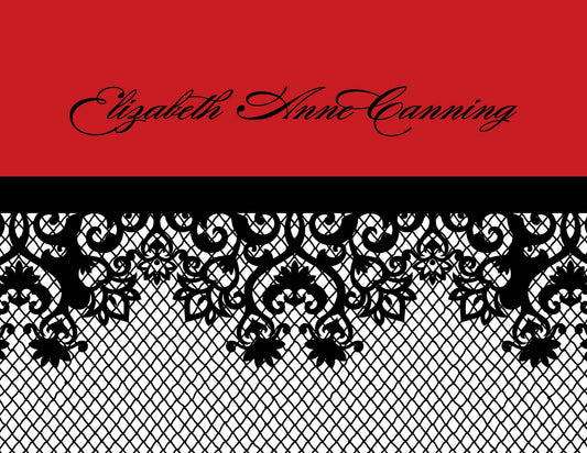 Noteworthy’s Bachelorette Fishnet Red Thank You Cards feature a red and black background with "Elizabeth Anne Canning" in cursive above a black fishnet lace design on a white net pattern, resembling an elegant white notecard.