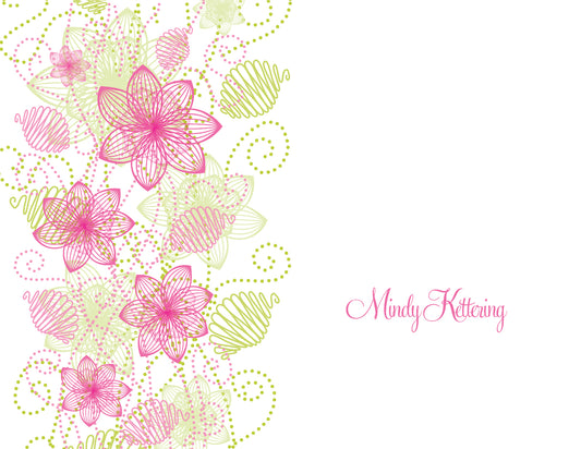 Noteworthy’s Floral Extravaganza Pink & Green Thank You Cards feature pink and green florals on the left, with "Mindy Kettering" in elegant pink script on the right—a stylish choice for thank you notes or pairing with white envelopes.