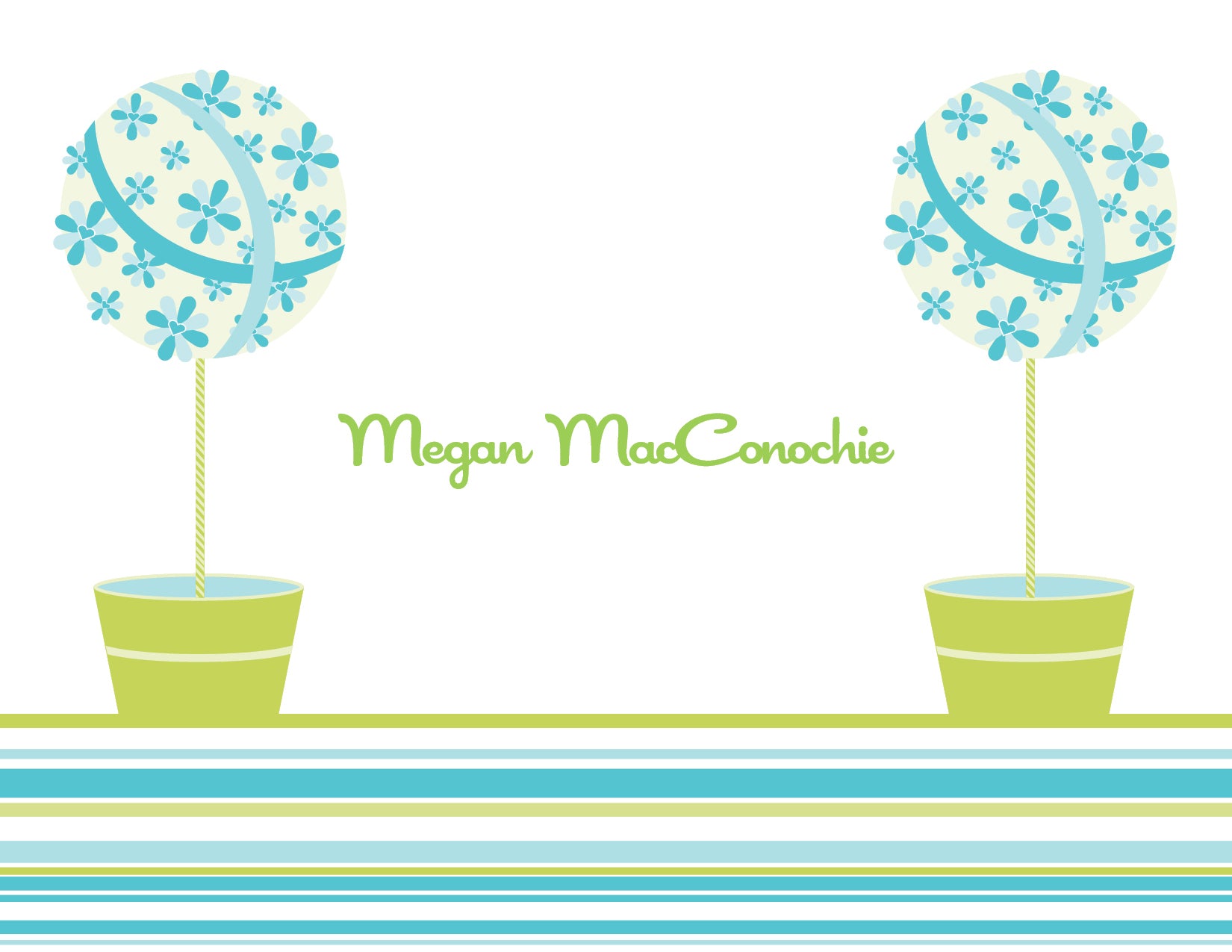 Two green and blue floral topiaries on a striped background with "Megan MacConochie" in green—Noteworthy's Floral Topiaries Green & Blue Thank You Cards, ideal for thank you notes or pairing with white unlined envelopes.