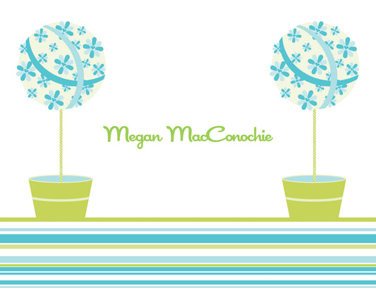 Two green and blue floral topiaries on a striped background with "Megan MacConochie" in green—Noteworthy's Floral Topiaries Green & Blue Thank You Cards, ideal for thank you notes or pairing with white unlined envelopes.