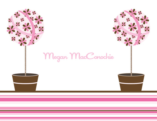 Noteworthy Floral Topiaries Pink & Chocolate Thank You Cards feature two potted topiaries on a striped pink and brown background with “Megan MacConochie” centered—charming white notes perfect for sending thanks with unlined envelopes.