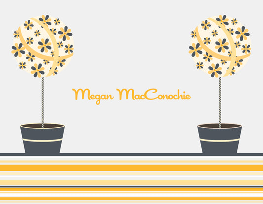 The Floral Topiaries Grey & Yellow Thank You Cards by Noteworthy feature two potted topiary trees with yellow and gray floral patterns on a striped surface, and include unlined envelopes.