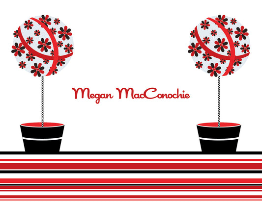 The Noteworthy Floral Topiaries Berry & Black Thank You Cards feature potted topiary trees with red and black blooms flanking "Megan MacConochie" above bold striped accents—ideal for stylish thank you notes.