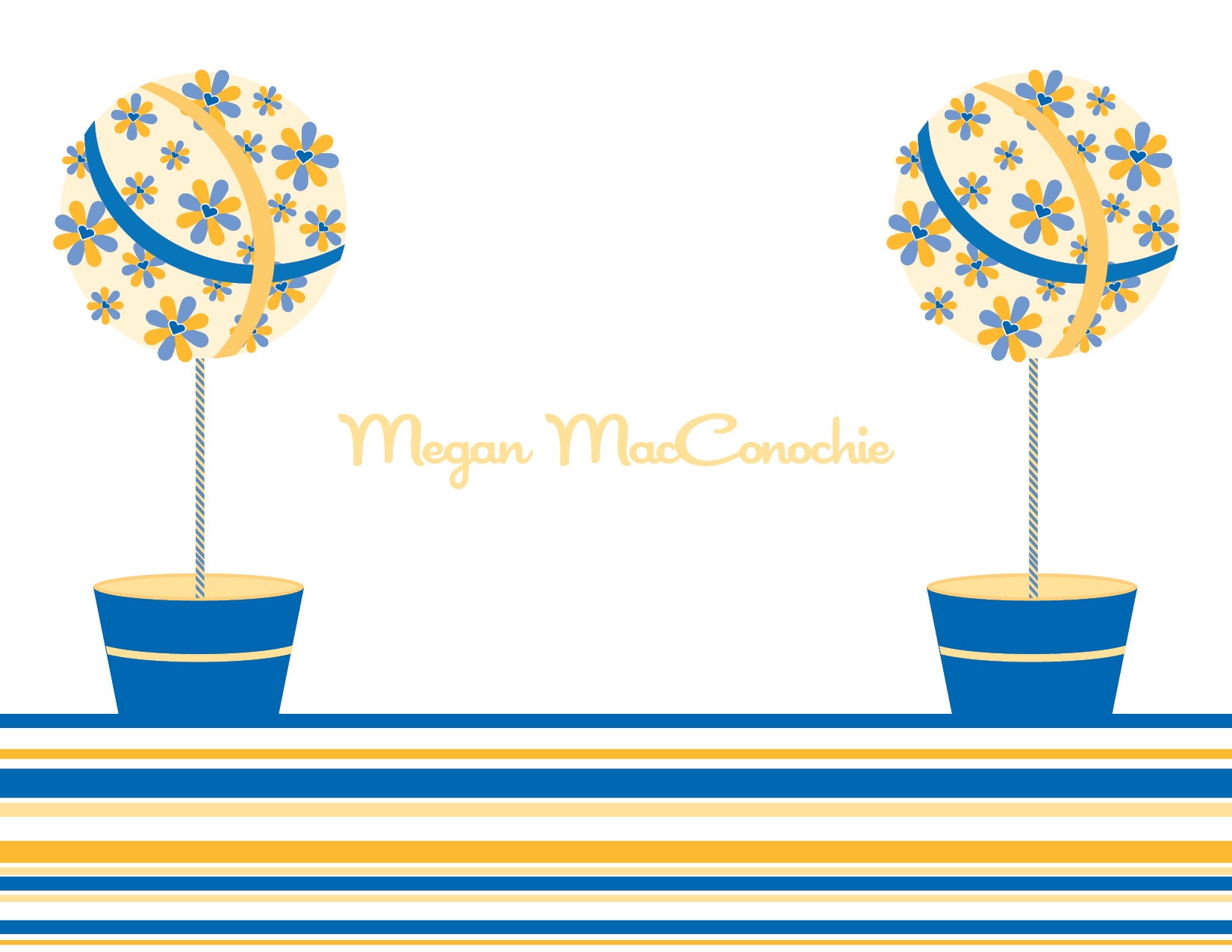 Two stylized potted topiary trees with flower spheres and striped pots appear on the Floral Topiaries Royal & Yellow Thank You Cards by Noteworthy, set on a striped surface and bordered frame, with "Megan MacConochie" centered.