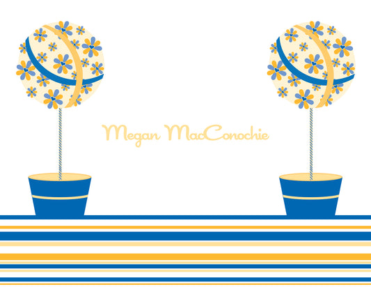 Two stylized potted topiary trees with flower spheres and striped pots appear on the Floral Topiaries Royal & Yellow Thank You Cards by Noteworthy, set on a striped surface and bordered frame, with "Megan MacConochie" centered.