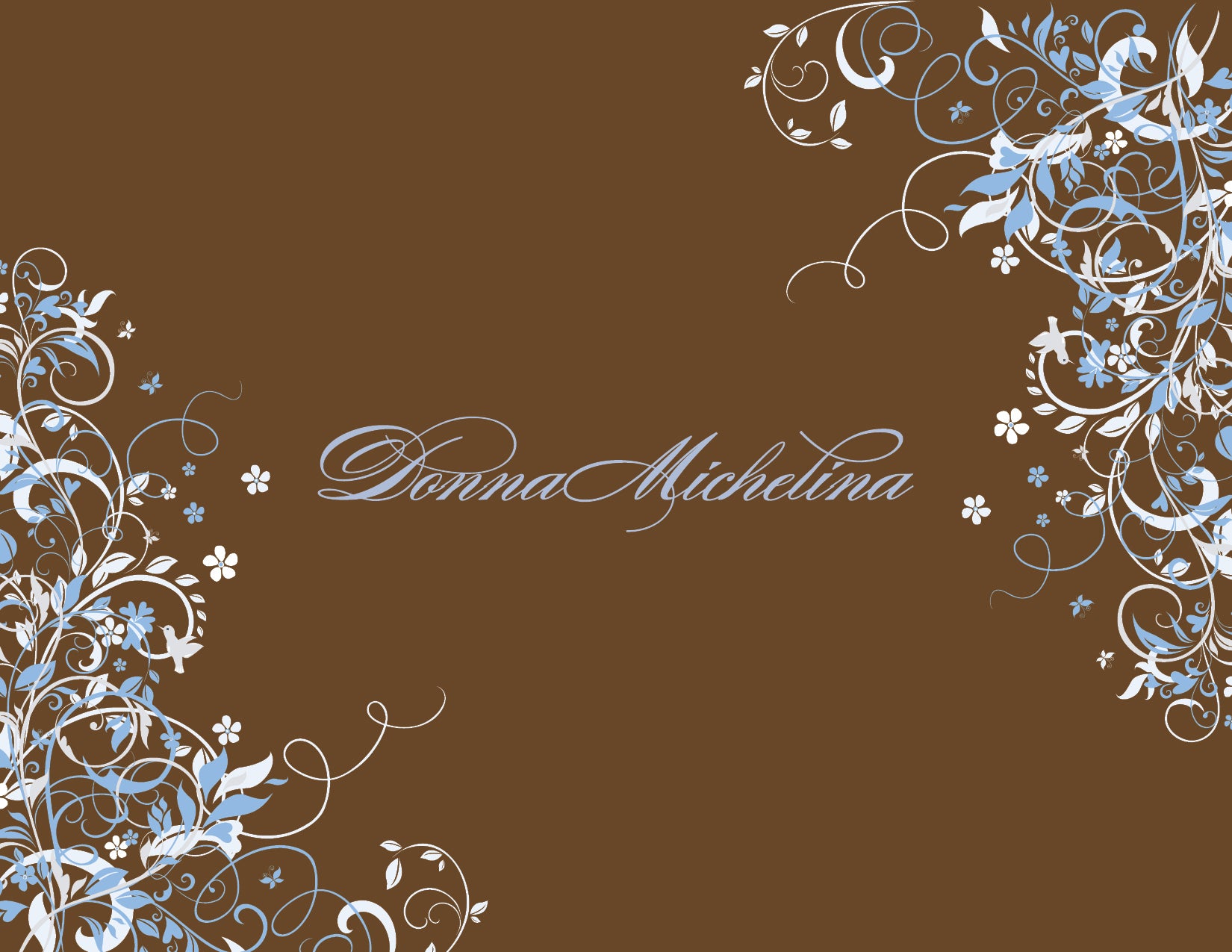 Brown background with white and light blue floral vines in the corners and "Donna Michelina" in script—Noteworthy's Floral Corners Chocolate with Blue Thank You Cards are ideal for thank you notes or classic unlined envelopes.