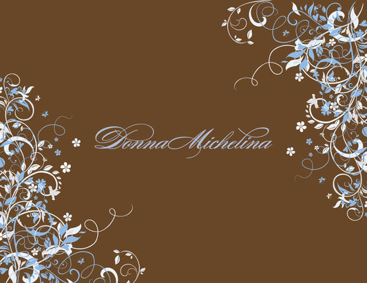 Brown background with white and light blue floral vines in the corners and "Donna Michelina" in script—Noteworthy's Floral Corners Chocolate with Blue Thank You Cards are ideal for thank you notes or classic unlined envelopes.