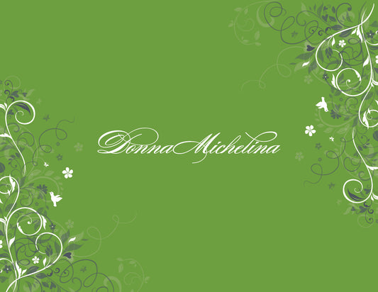 Floral Corners Green Thank You Cards by Noteworthy feature a green background with white floral vine corners and "Donna Michelina" in elegant script—ideal for thank you notes or pairing with white unlined envelopes.