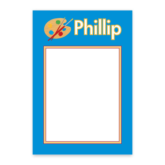 The Noteworthy Blue Artist Personalized Notepad features a painter's palette and brushes, "Phillip" at the top, and a central blank space bordered in red and yellow—ideal for displaying artwork or jotting creative notes.