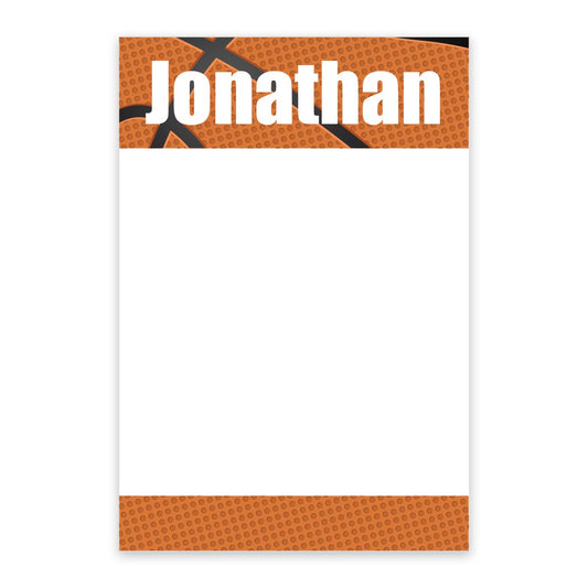The Noteworthy Basketball Personalized Notepad features a basketball design on the top and bottom borders and displays "Jonathan" in bold white text at the top.