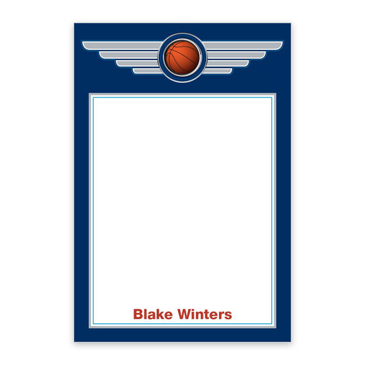 The Noteworthy Basketball Icon Personalized Notepad features a retro basketball and wings border, blank white center, and your name in bold red at the bottom—ideal for any basketball enthusiast's notepad collection.