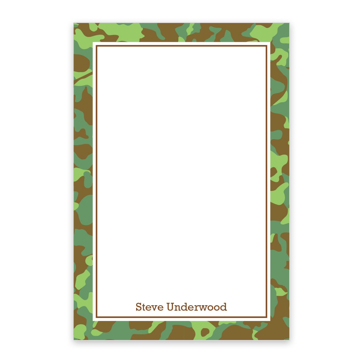 The Noteworthy Green Camouflage Personalized Notepad features a rectangular design with a brown camo border, white center, and "Steve Underwood" printed at the bottom.