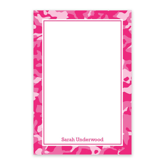 The Noteworthy Pink Camouflage Personalized Notepad features a chic pink camo border, "Sarah Underwood" printed at the bottom center, and includes 50 sheets for your notes and ideas.