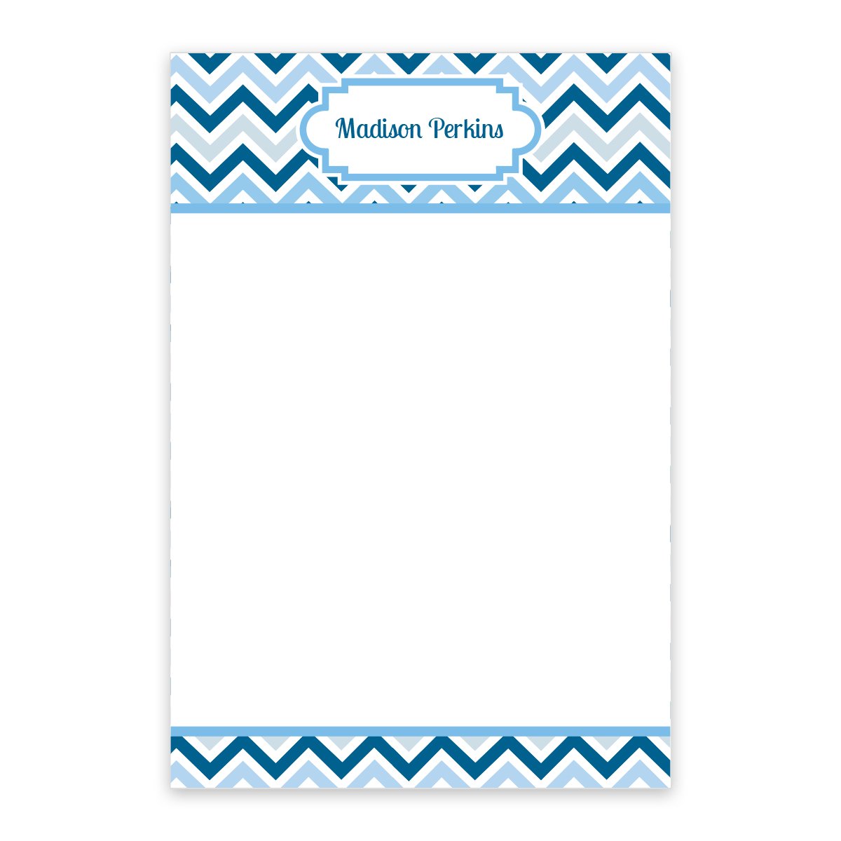 The Noteworthy Multi Blue Chevron Personalized Notepad features blue and white chevron borders, a blank center, and "Madison Perkins" elegantly printed at the top. With 50 sheets, it adds a stylish touch to any desk.
