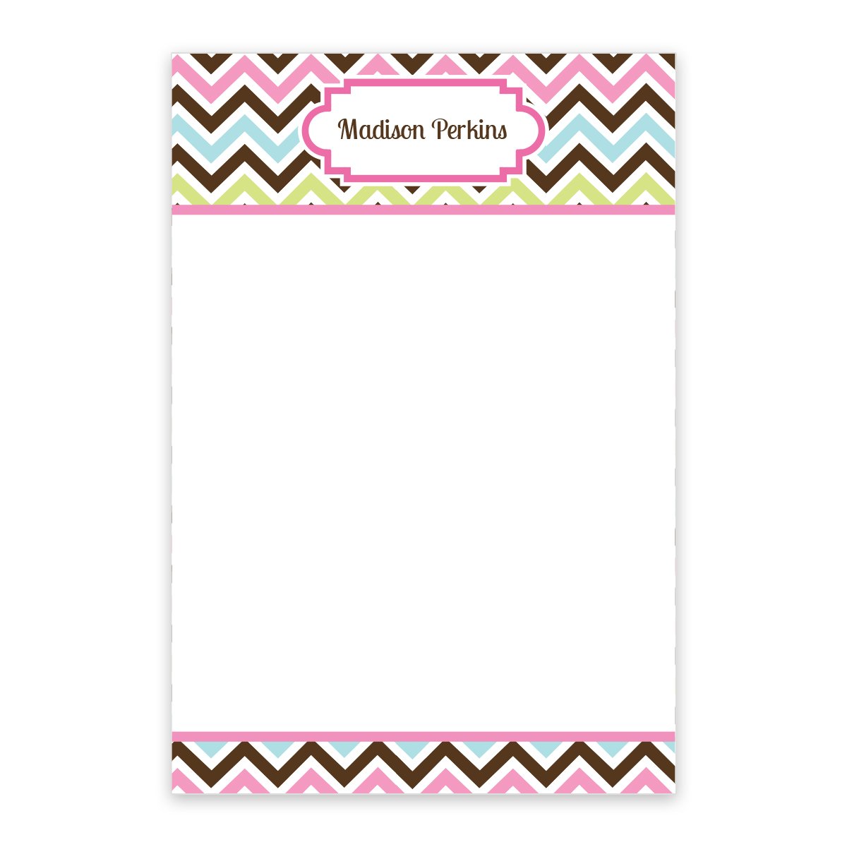 The Noteworthy Multi-Color Chevron Personalized Notepad features a vibrant chevron border in pink, brown, blue, and green with "Madison Perkins" at the top center and a blank white space for writing.