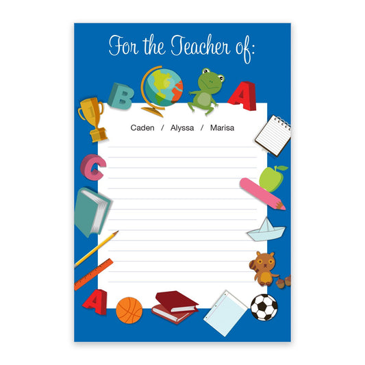 The Noteworthy "For the Teacher Of Personalized Notepad" features school-themed illustrations, lined pages, and names like Caden, Alyssa, and Marisa—perfect for teacher notes or parent-teacher communication.