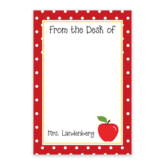 The Noteworthy "From the Desk of Teacher" Personalized Notepad features cheerful polka dots, a red apple design, and custom text—an ideal playful teacher notepad for classroom or personal use.