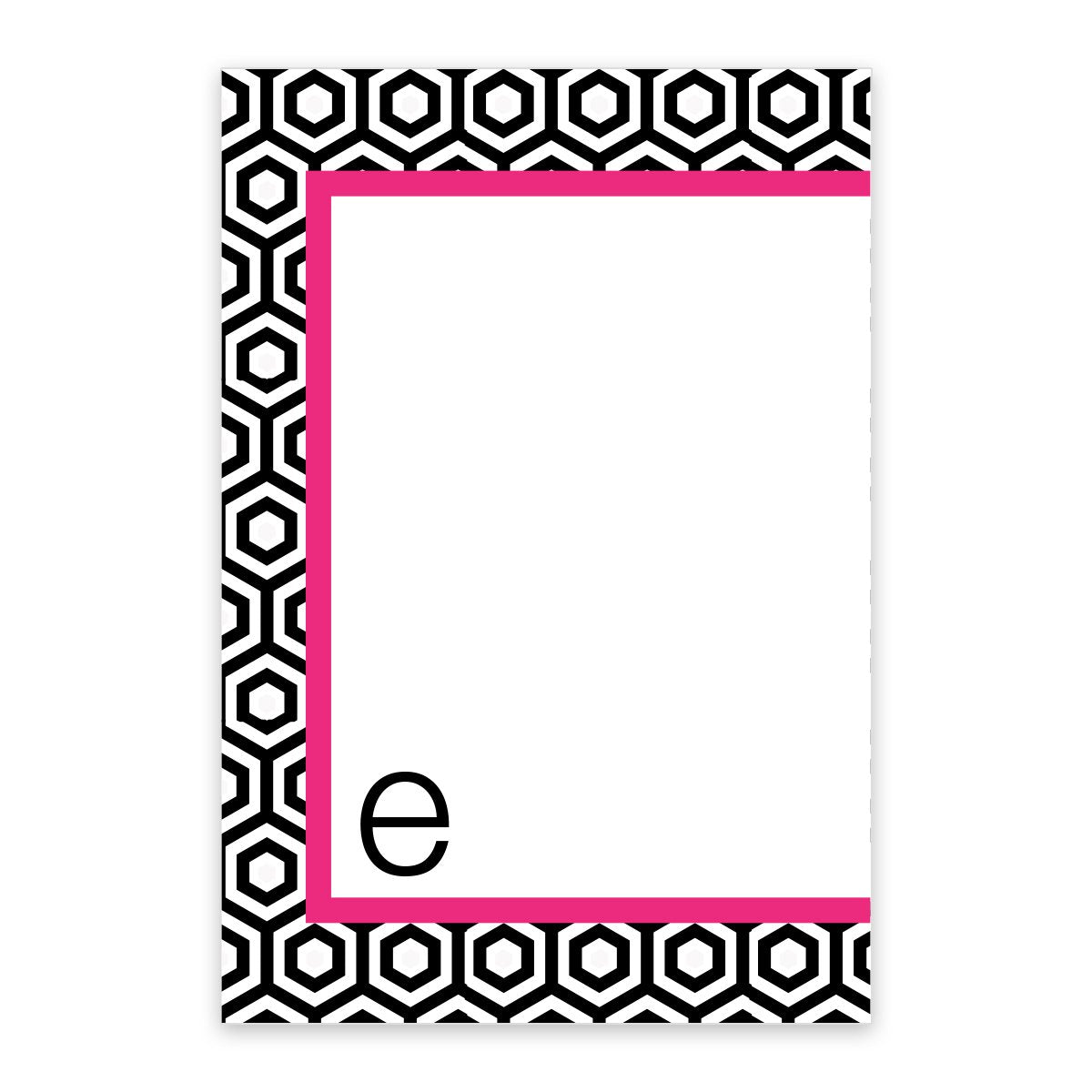 The Noteworthy Geometric Pattern Personalized Notepad features a rectangular card with a black and white hexagonal border, hot pink inner frame, and a lowercase "e" in the bottom left corner of the blank center.
