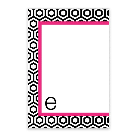 The Noteworthy Geometric Pattern Personalized Notepad features a rectangular card with a black and white hexagonal border, hot pink inner frame, and a lowercase "e" in the bottom left corner of the blank center.