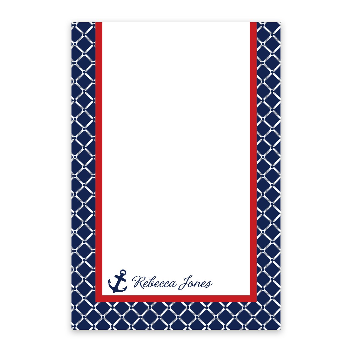 The Noteworthy Nautical Personalized Notepad features a navy and white pattern, red border, anchor icon, and "Rebecca Jones" printed at the bottom right.