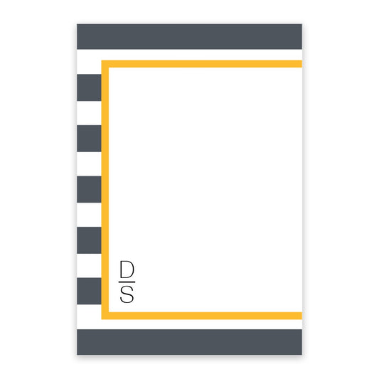 The Noteworthy Bold Stripes Initials Personalized Notepad features a white rectangle with black and white stripes, a yellow border, stacked "D" and "S" initials in the corner, and is available in 50 or 100 sheets.