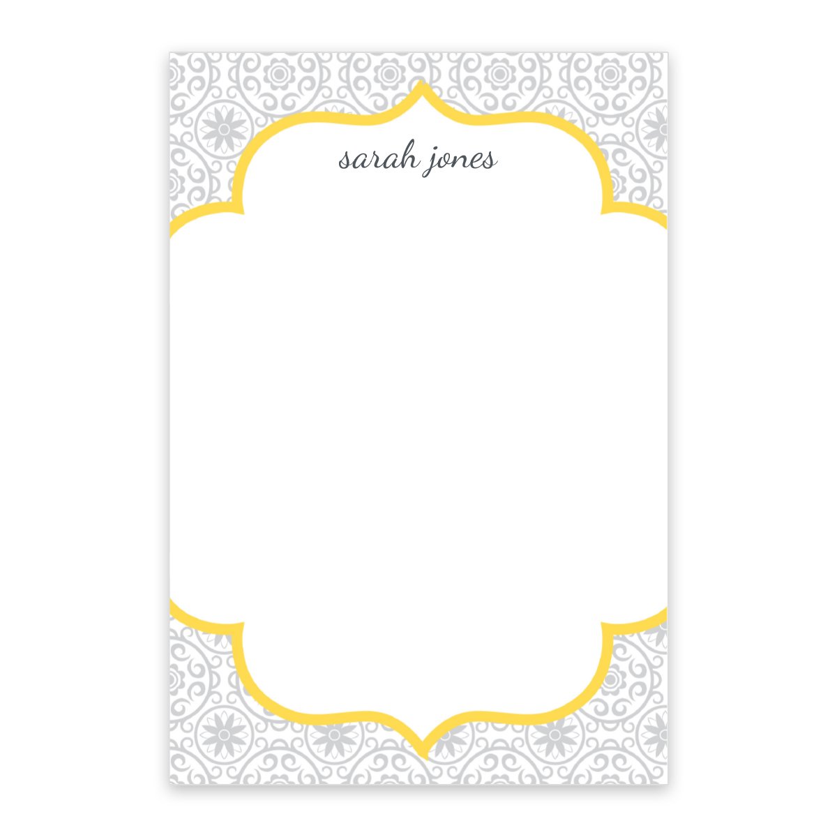 The Noteworthy Lace Personalized Notepad features a gray lace border, yellow accents, "sarah jones" at the top, and comes with 50 or 100 sheets.