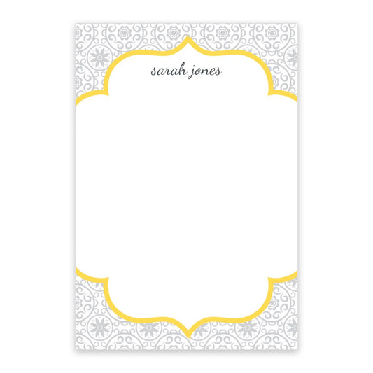 The Noteworthy Lace Personalized Notepad features a gray lace border, yellow accents, "sarah jones" at the top, and comes with 50 or 100 sheets.