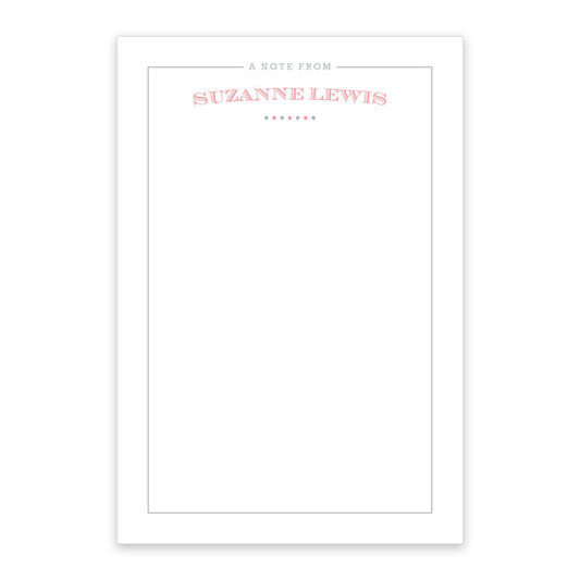 The Noteworthy Simply Vintage Personalized Notepad features "A Note From Suzanne Lewis" in pink and gray at the top, with space for your message below. Available with 50 or 100 sheets.