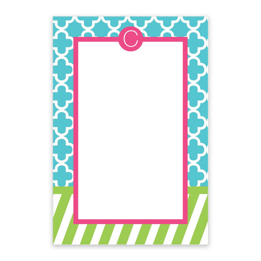 The Noteworthy Preppy & Bold Initial Personalized Notepad features a blue and white geometric top, green striped bottom, a pink border, and 100 sheets—ideal for jotting down notes in style.