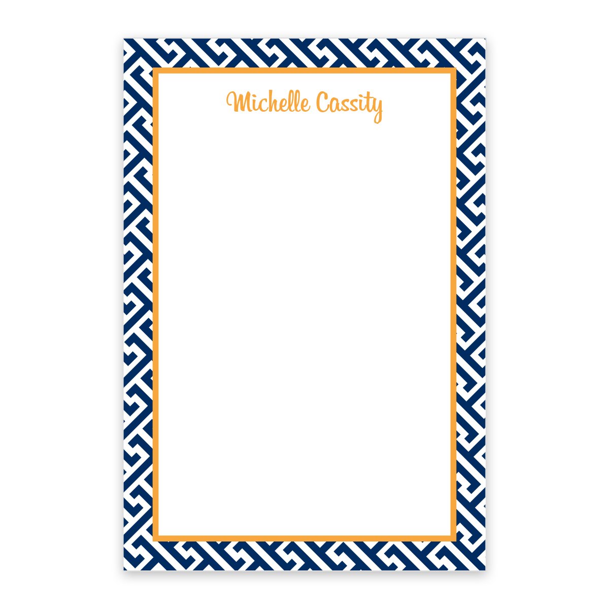 The Noteworthy Navy Geometric Pattern Personalized Notepad features a white center, blue geometric border, orange inner border, and "Michelle Cassity" at the top in orange script.