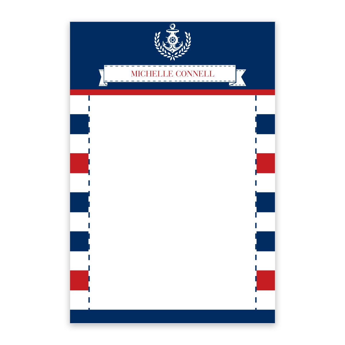 The Noteworthy Nautical Stripes Personalized Notepad has a nautical emblem, red and blue stripes, “Michelle Connell” at the top, and a blank white space in the center for writing.
