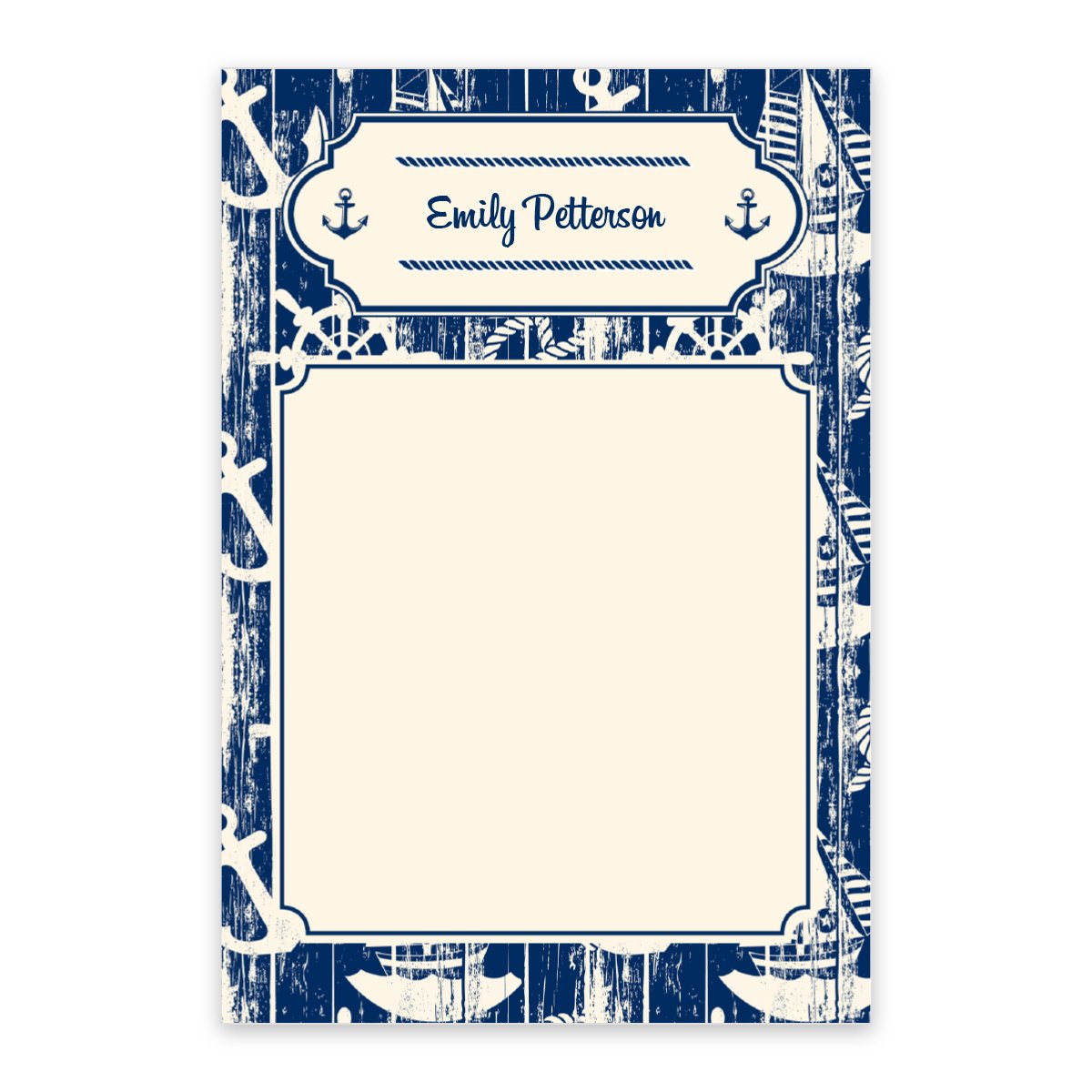 The Nautical Pattern Personalized Notepad from InvitationBox.com features a blue and white anchor and oar border with "Emily Petterson" at the top—ideal as vintage nautical stationery or a thoughtful sailor gift.
