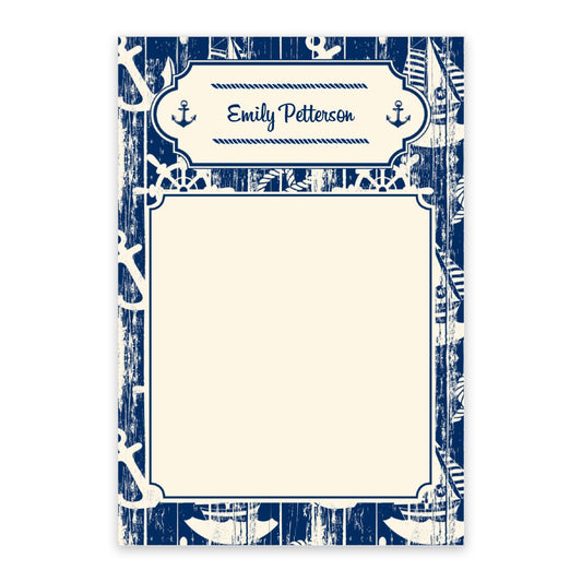 The Nautical Pattern Personalized Notepad from InvitationBox.com features a blue and white anchor and oar border with "Emily Petterson" at the top—ideal as vintage nautical stationery or a thoughtful sailor gift.