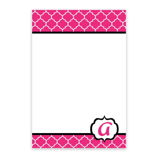The Noteworthy Pink Lattice Pattern Personalized Notepad features 100 white sheets with pink geometric borders and a decorative "a" monogram in the lower right corner.