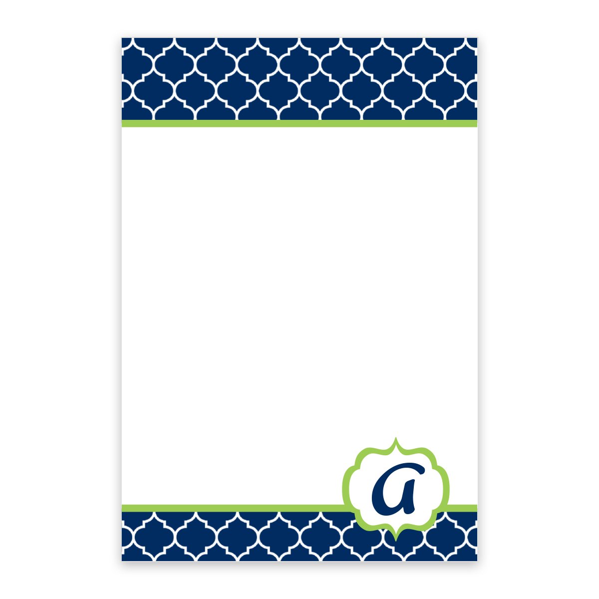 The Noteworthy Navy Lattice Pattern Personalized Notepad features geometric navy borders, green accents, and a stylized lowercase "a" in a green outline at the bottom right corner.