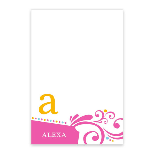 The Noteworthy Bright Swirls Personalized Notepad features a white notecard with yellow "a," pink swirls, dotted accents, and "ALEXA" in white on pink—ideal as a custom initial stationery or personalized notepad.
