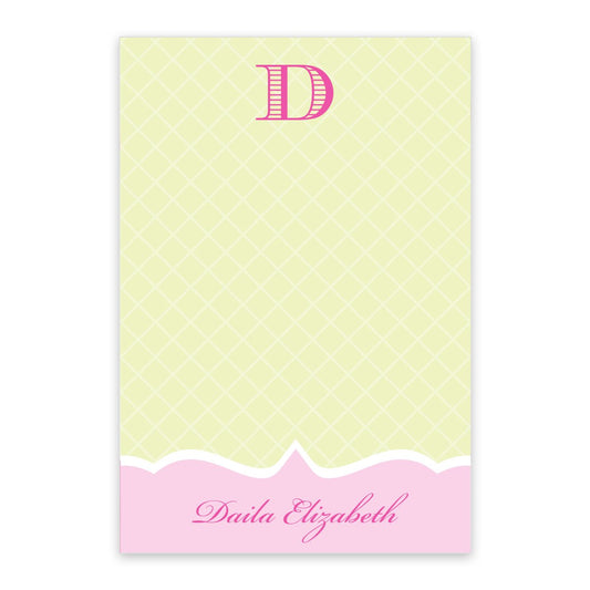 The Noteworthy Green Diagonal Initial Personalized Notepad features a green diamond pattern, a bold initial at the top, and your name in script. Available with 50 or 100 sheets—perfect for notes or gifting.